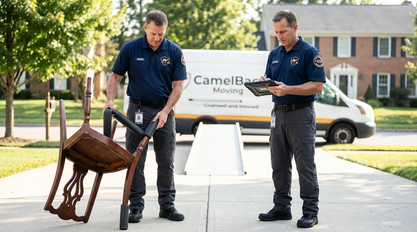 Movers inspecting furniture for damage prevention before loading in Elephant Butte, NM
