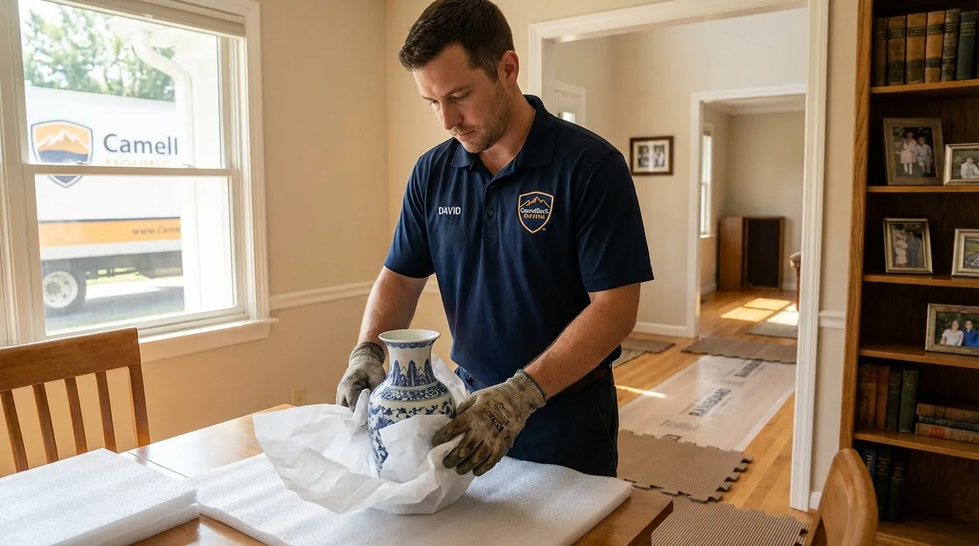 Professional crew carefully wrapping antique vase for senior downsizing move in Elephant Butte, NM
